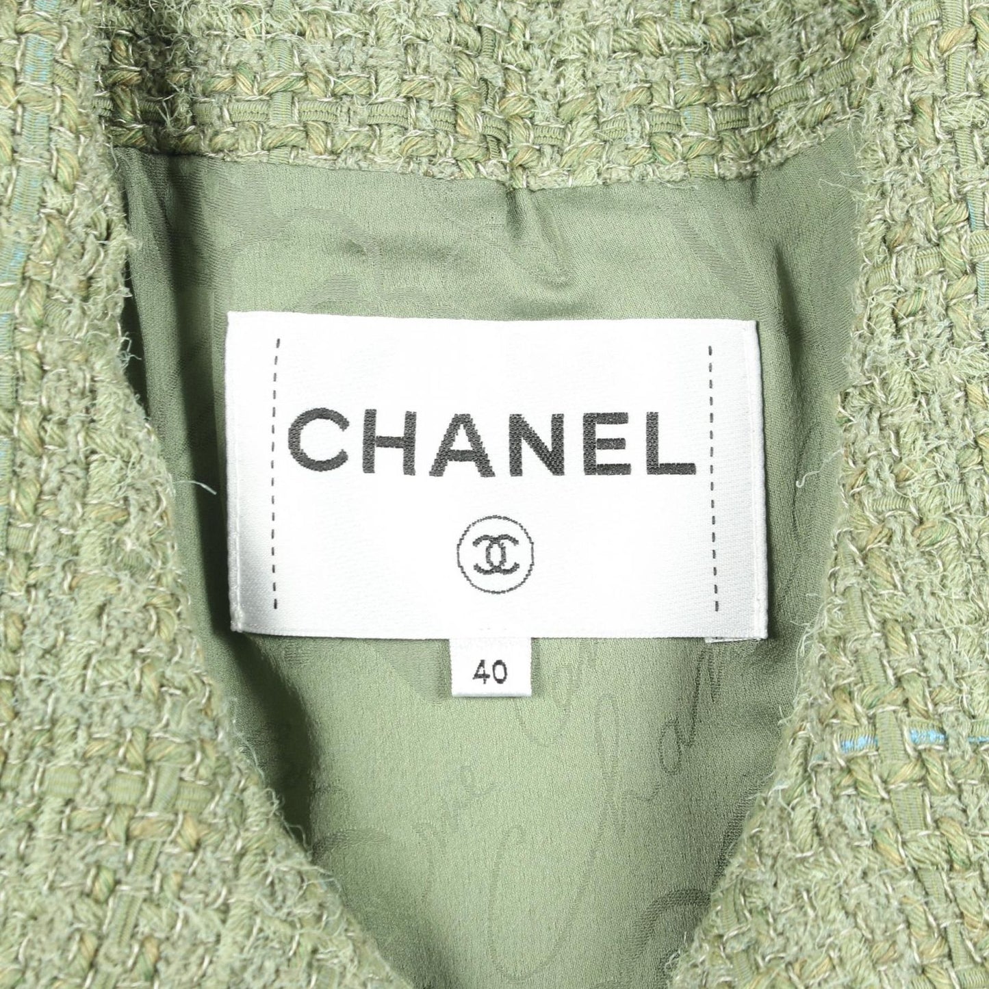 Chanel CC Logo Button Tweed Green Wool Fabric Jacket — view 3