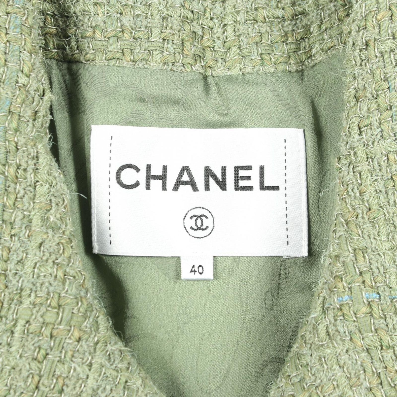 Chanel CC Logo Button Tweed Green Wool Fabric Jacket — view 3
