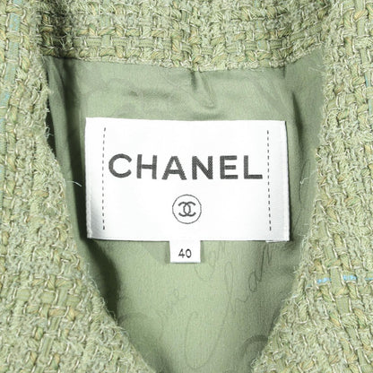 Chanel CC Logo Button Tweed Green Wool Fabric Jacket — view 3
