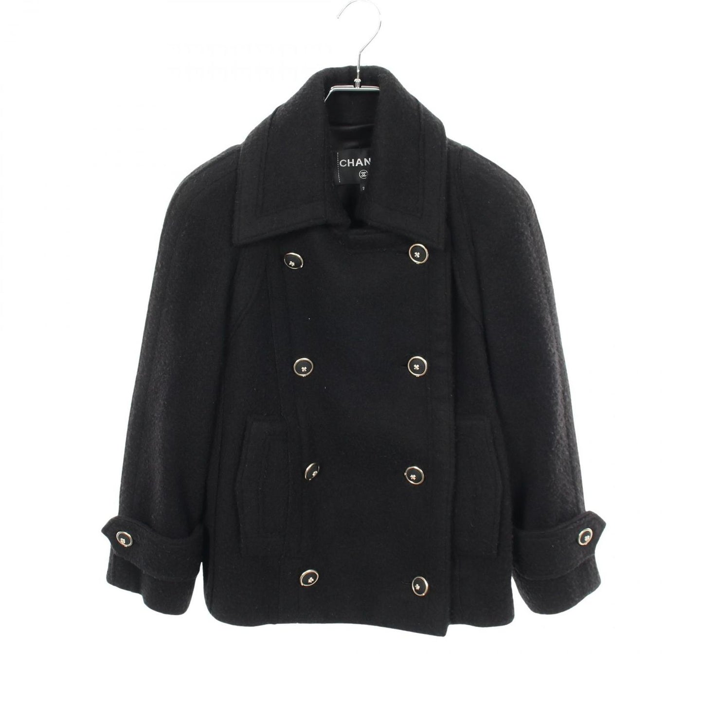 Chanel Coat CC Logo Button Black Wool Cashmere Peacoat