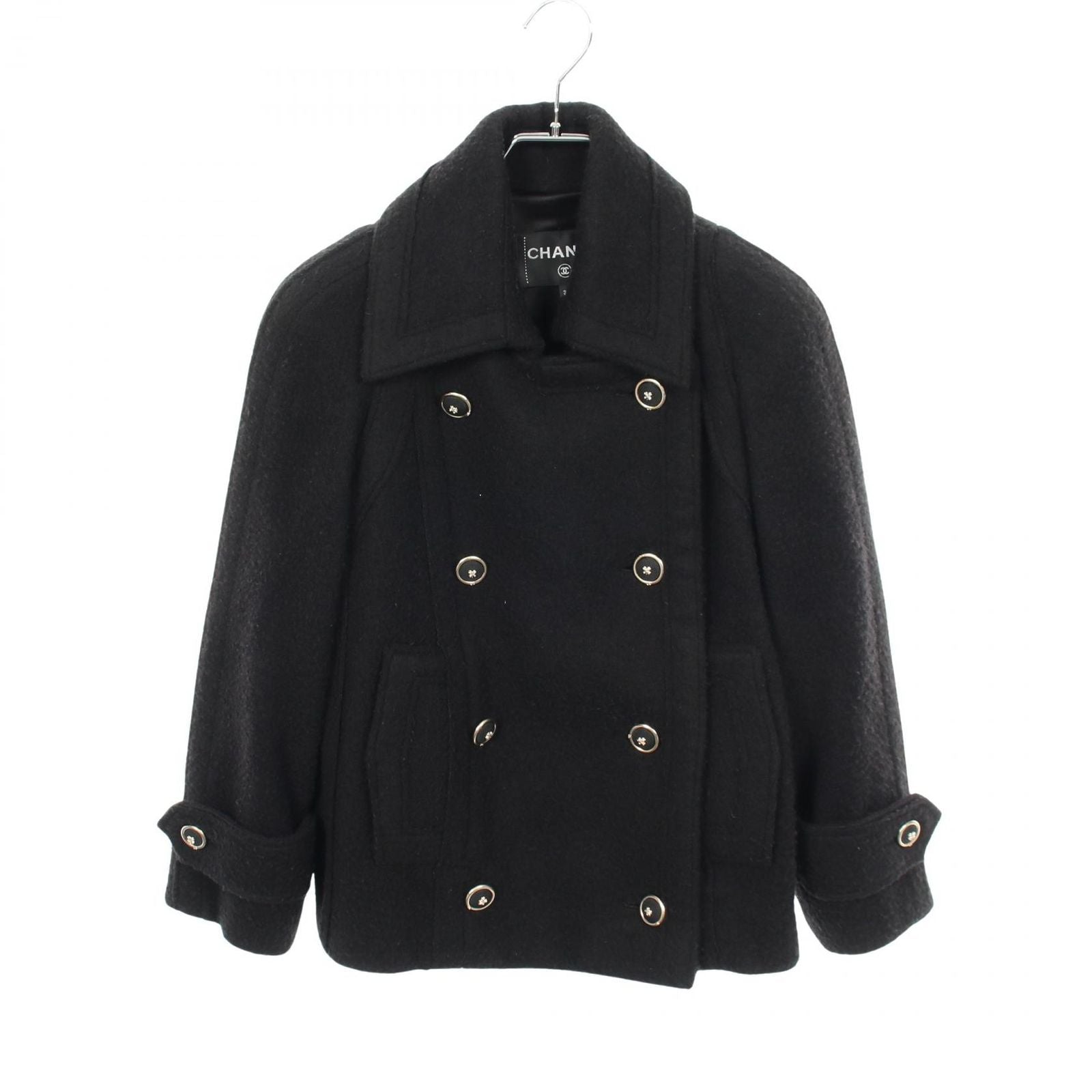 Chanel Coat CC Logo Button Black Wool Cashmere Peacoat