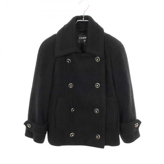Chanel Coat CC Logo Button Black Wool Cashmere Peacoat