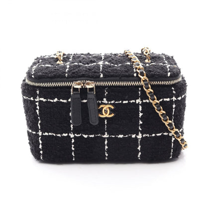 Chanel Shoulder Bag CC Logo Vanity Black Fabric Leather Quilted Chain