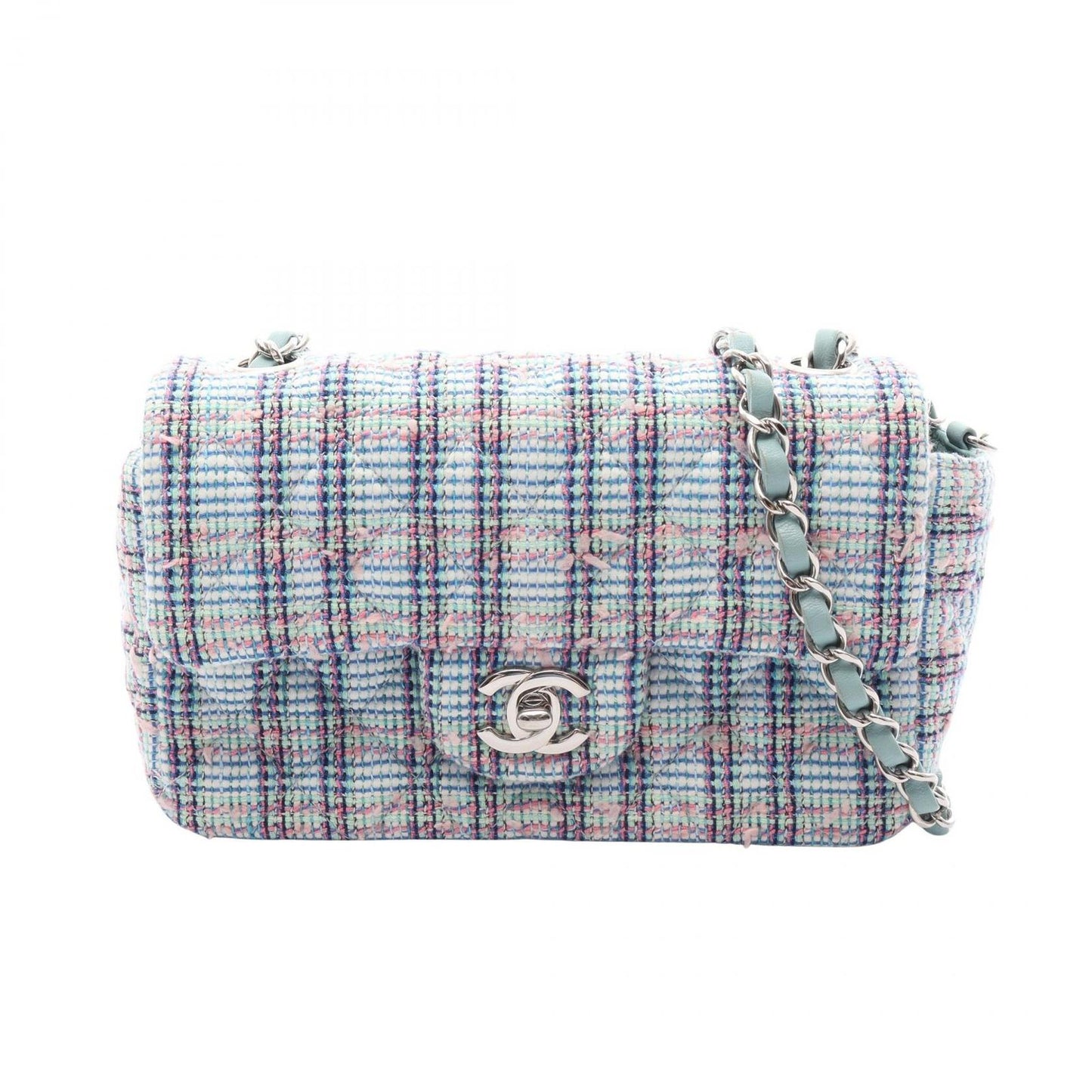Chanel Shoulder Bag Mini Quilted 20 Mint Green Blue Fabric Chain
