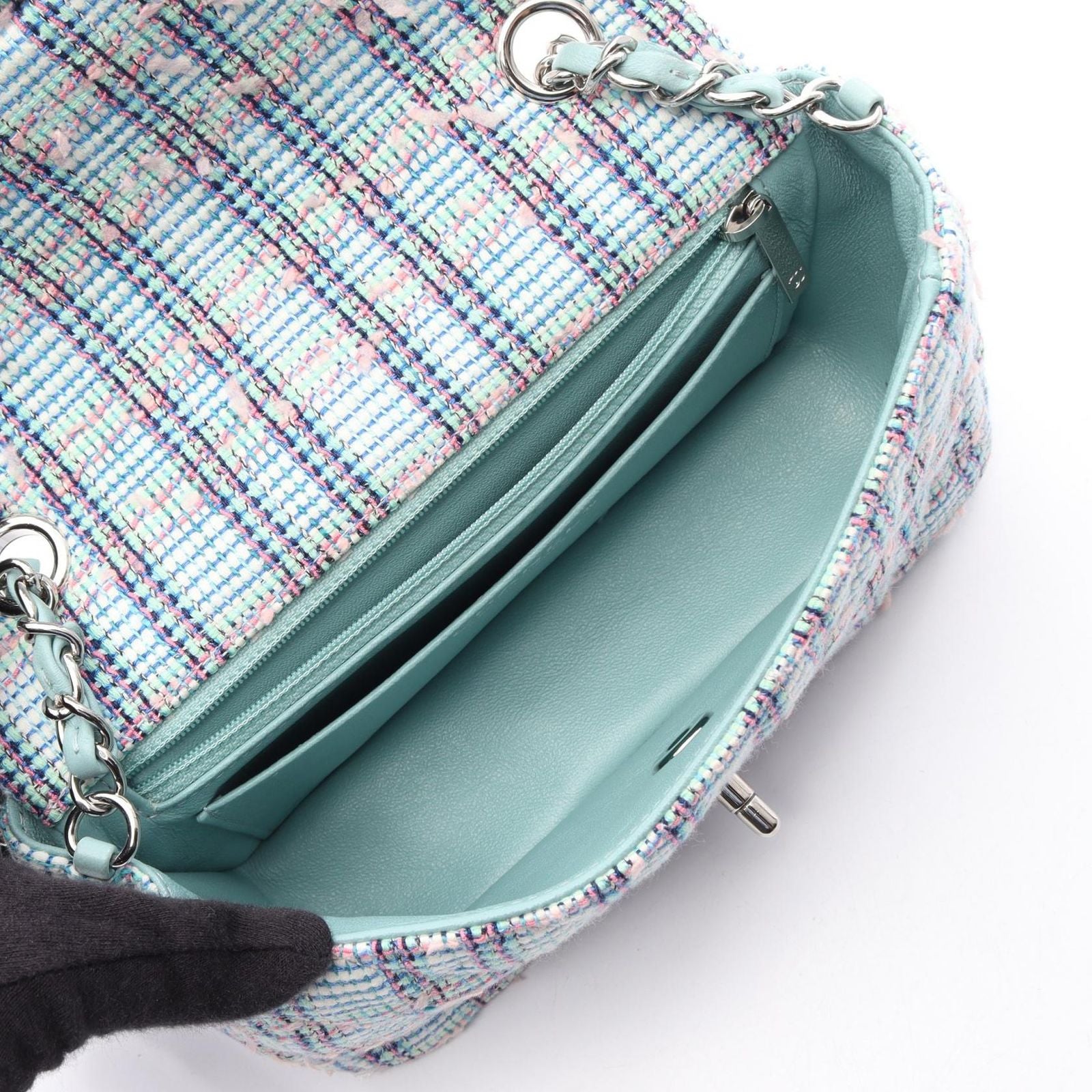 Chanel Shoulder Bag Mini Quilted 20 Mint Green Blue Fabric Chain — view 3