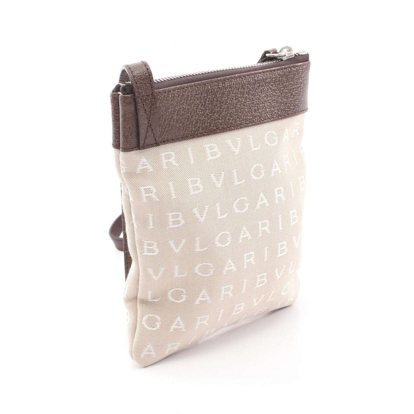 Bvlgari Shoulder Bag Logo Mania Beige Dark Brown Canvas Leather — view 2