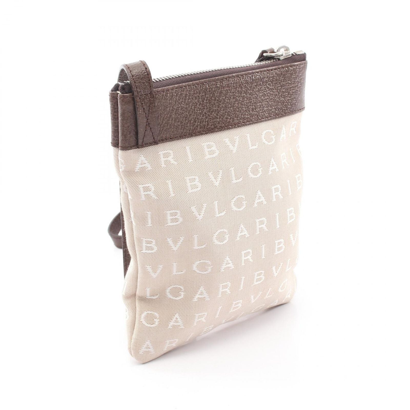 Bvlgari Shoulder Bag Logo Mania Beige Dark Brown Canvas Leather — view 2