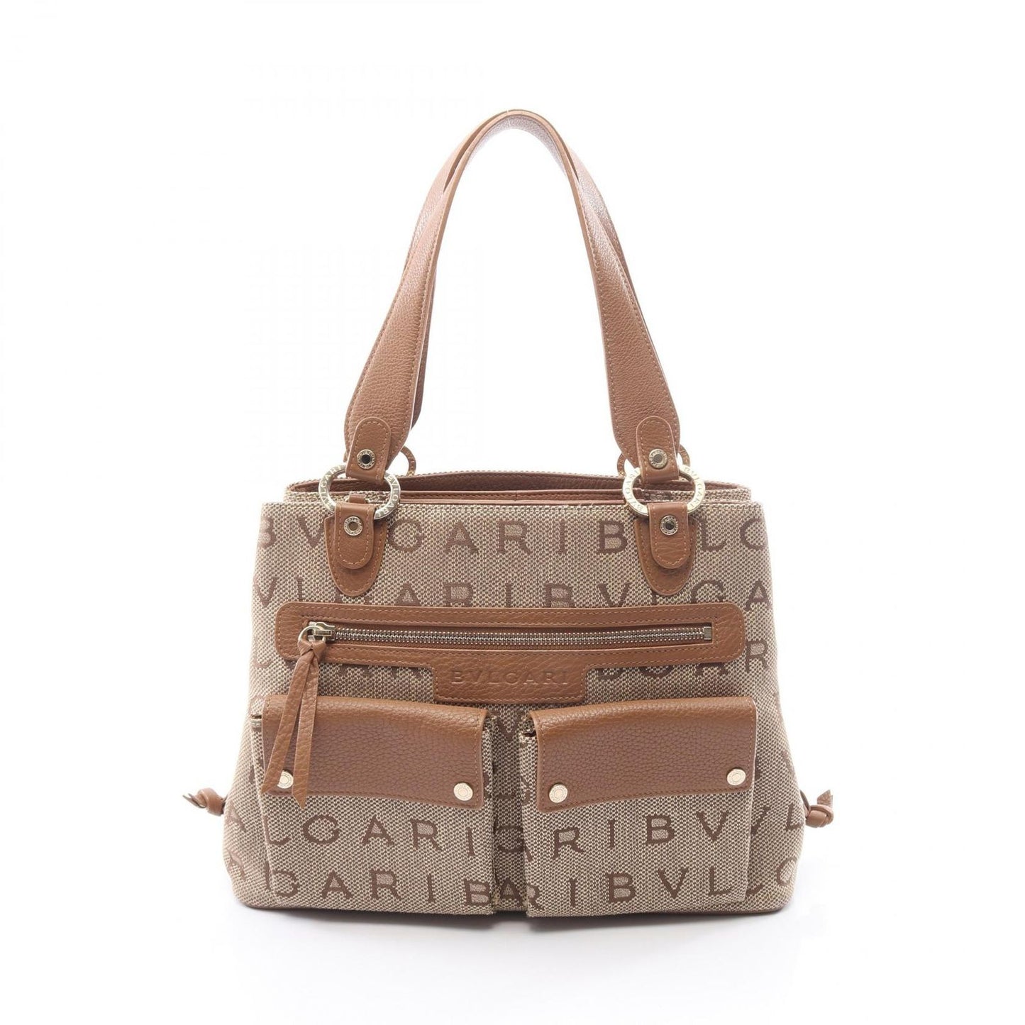 Bvlgari Handbag Logo Mania Maxillettare Beige Brown Canvas Leather