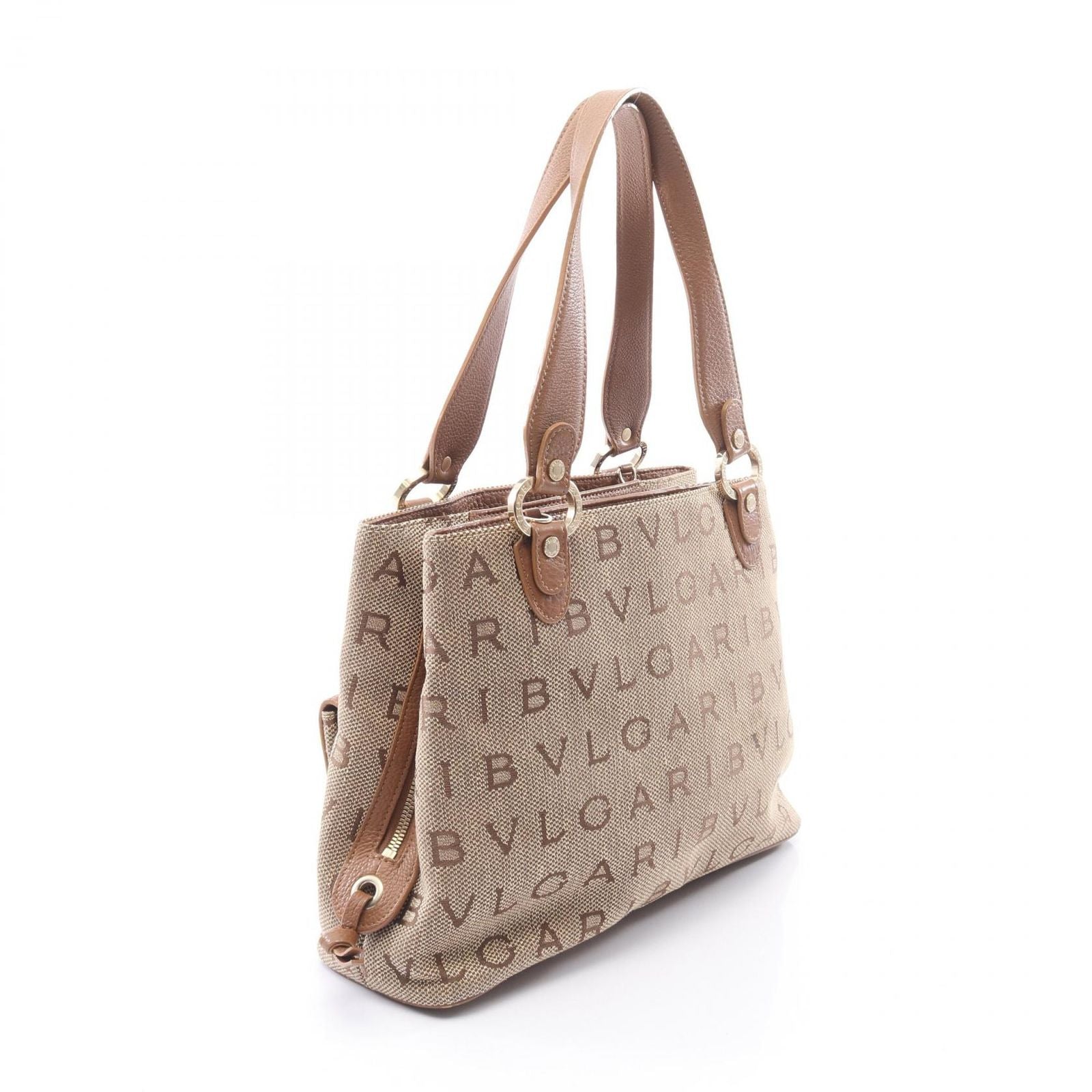 Bvlgari Handbag Logo Mania Maxillettare Beige Brown Canvas Leather — view 2