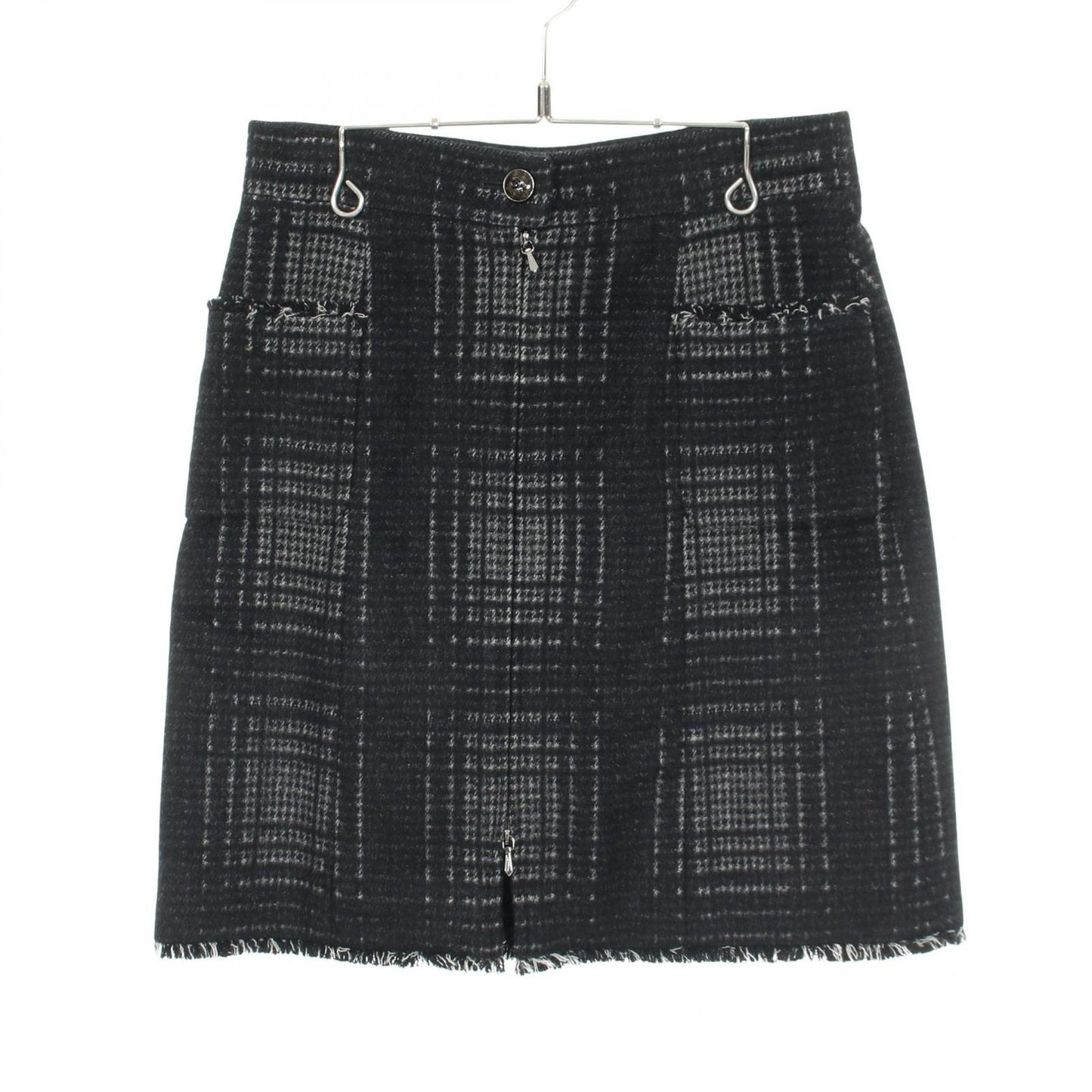 Chanel Skirt CC Logo Button Check Gray Wool