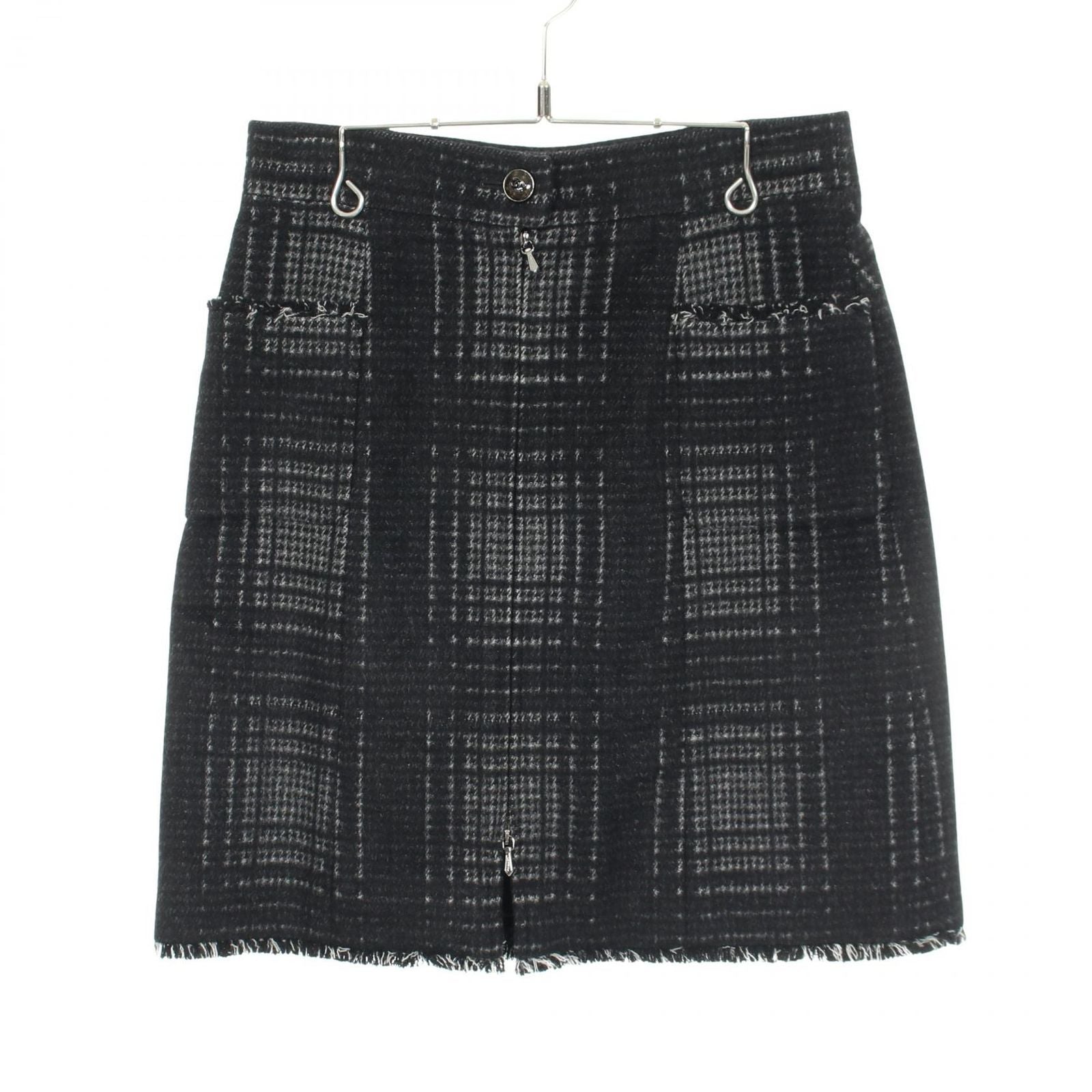 Chanel Skirt CC Logo Button Check Gray Wool