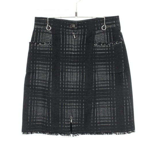 Chanel Skirt CC Logo Button Check Gray Wool