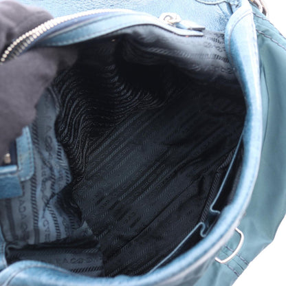 Prada Shoulder Bag Tessuto Vitello Blue Nylon Leather — view 3