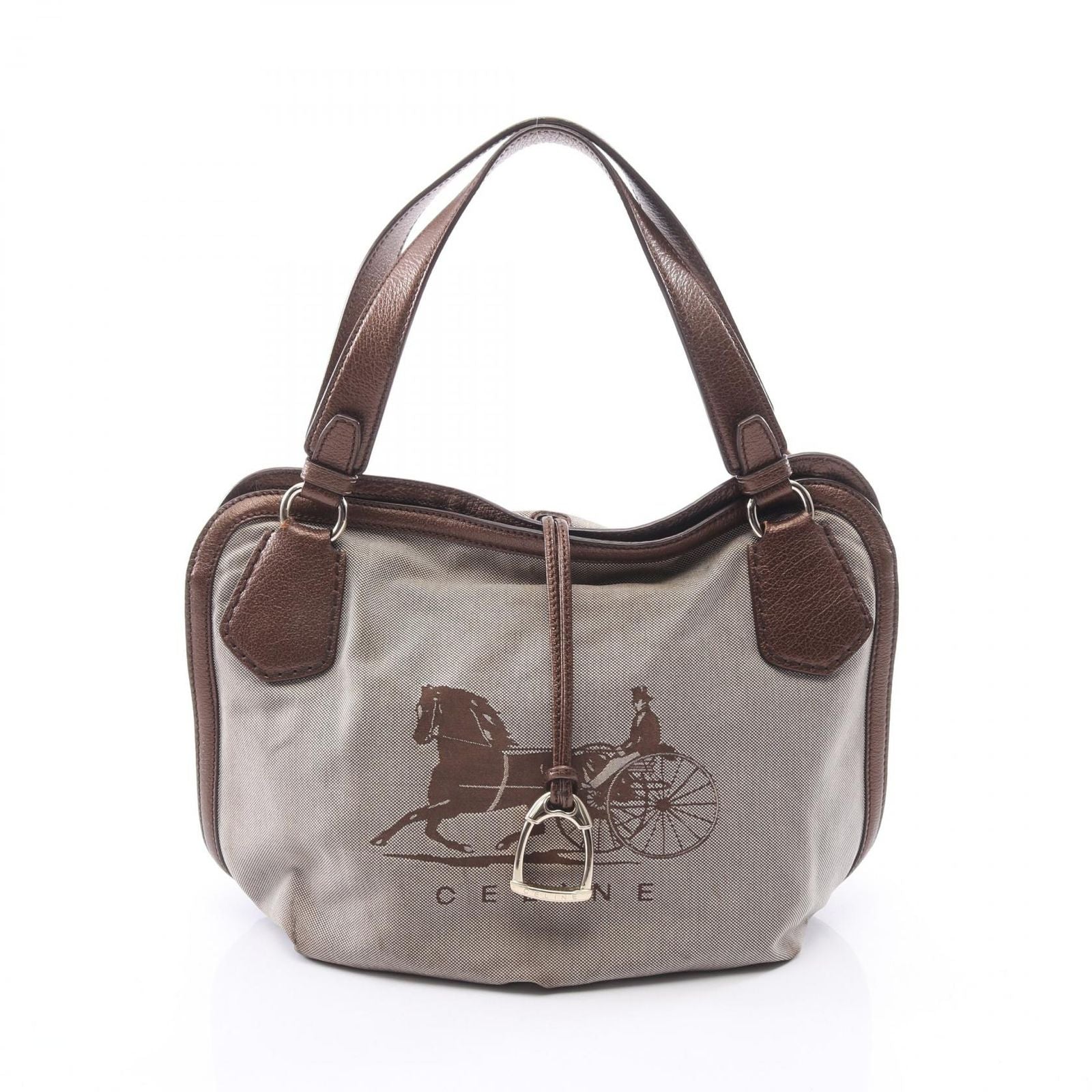 Celine Tote Carriage Pattern Beige Canvas Leather Handbag