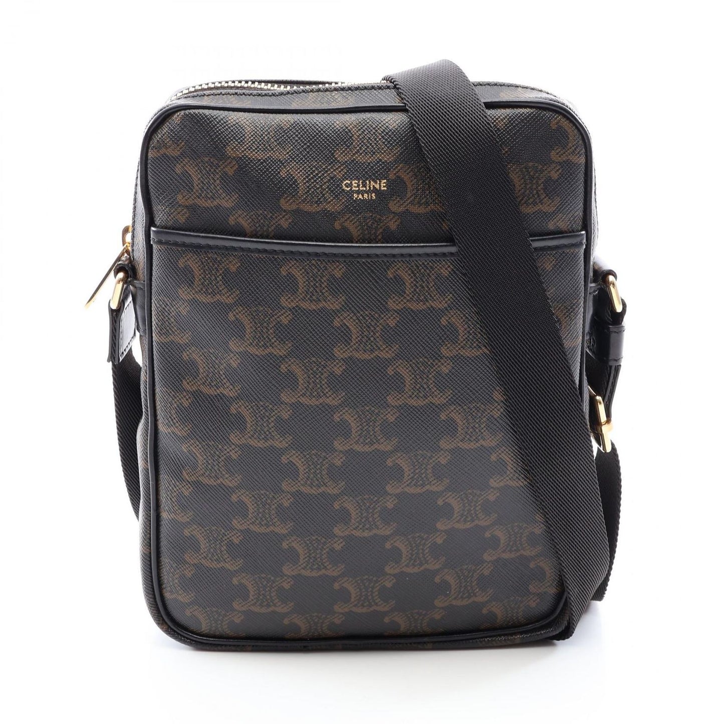 Celine Shoulder Bag Triomphe Brown Black Canvas Leather Vertical