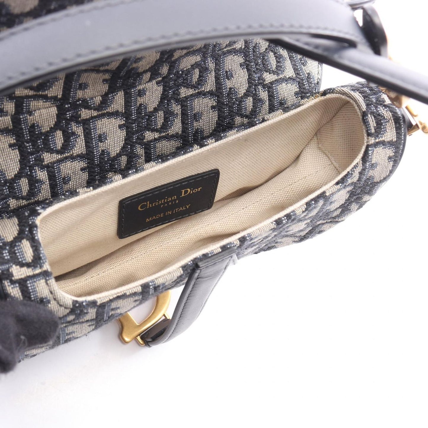 Dior Saddle Bag Mini Oblique Jacquard Ivory Navy Canvas Leather — view 3