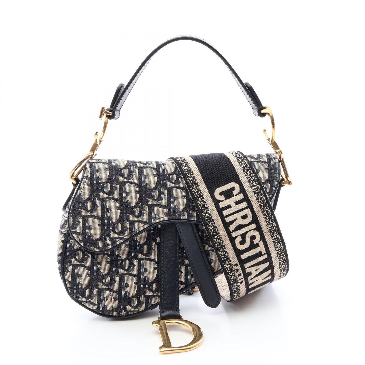 Dior Saddle Bag Mini Oblique Jacquard 2-Way Ivory Navy Canvas Leather