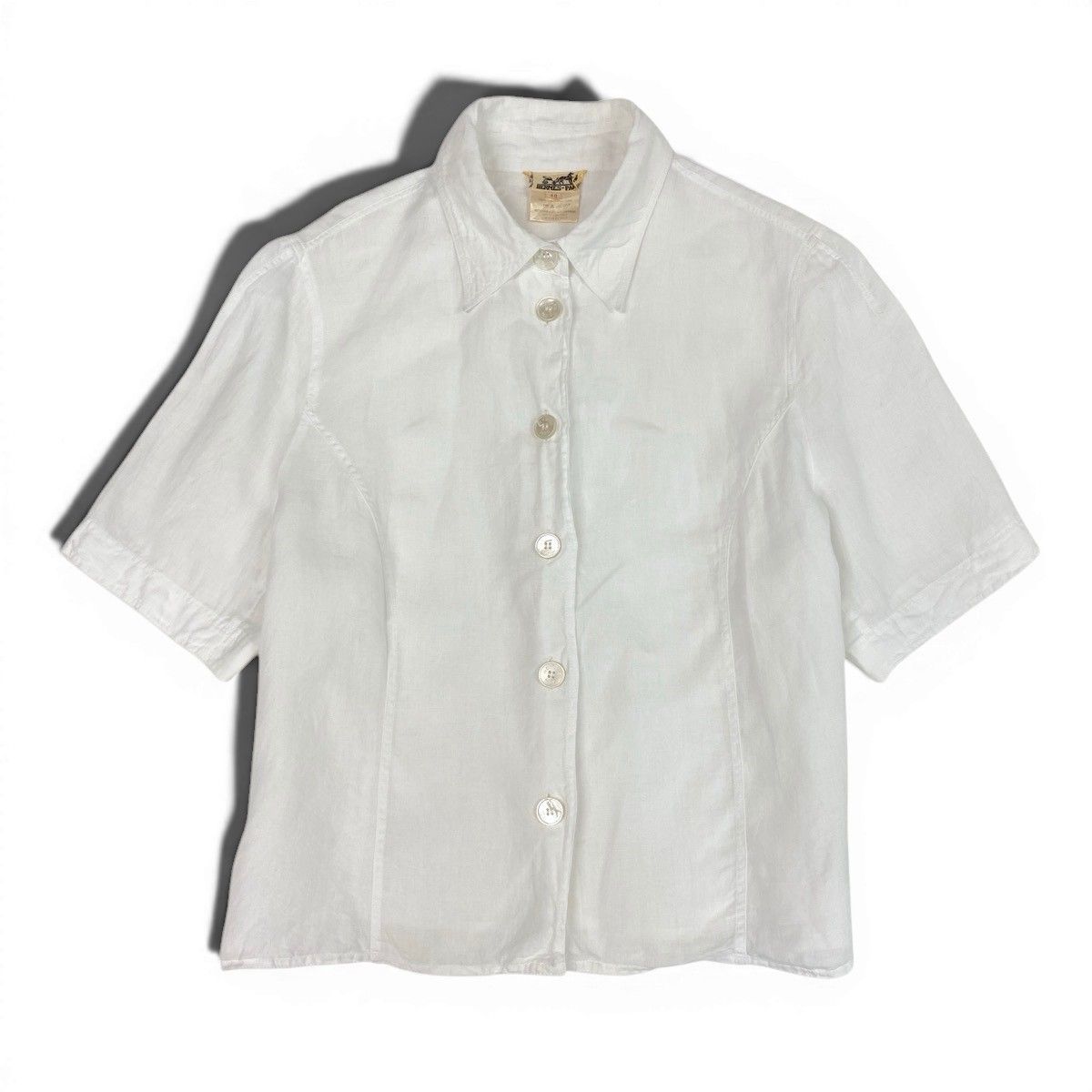 Hermes Short Sleeve Sheer Shirt Logo Button 40 White Linen — view 2