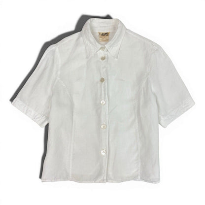 Hermes Short Sleeve Sheer Shirt Logo Button 40 White Linen — view 2