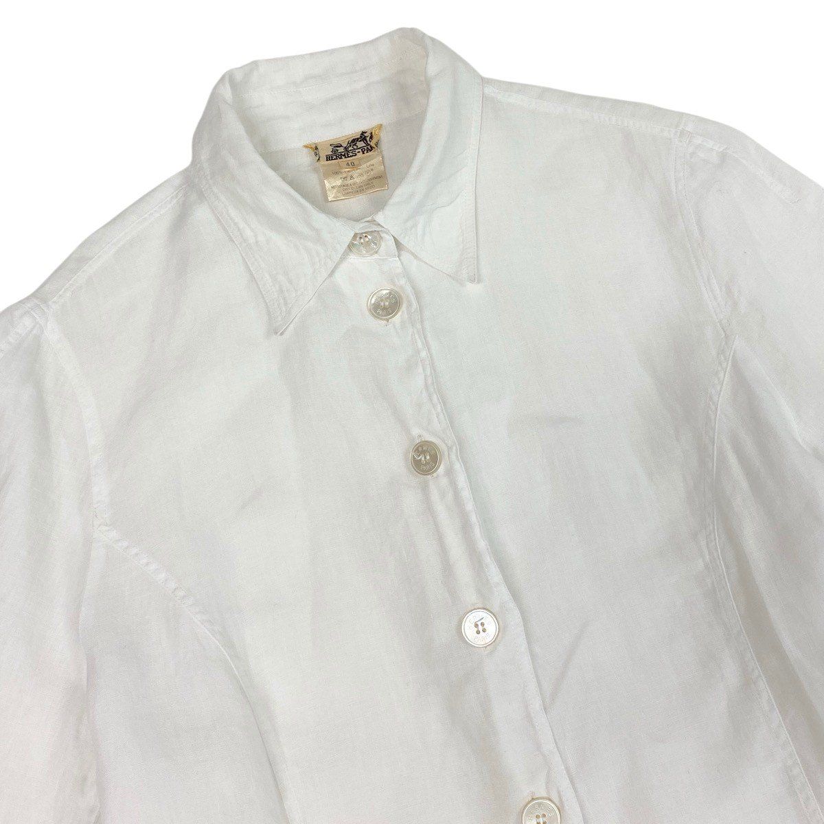 Hermes Short Sleeve Sheer Shirt Logo Button 40 White Linen — view 4
