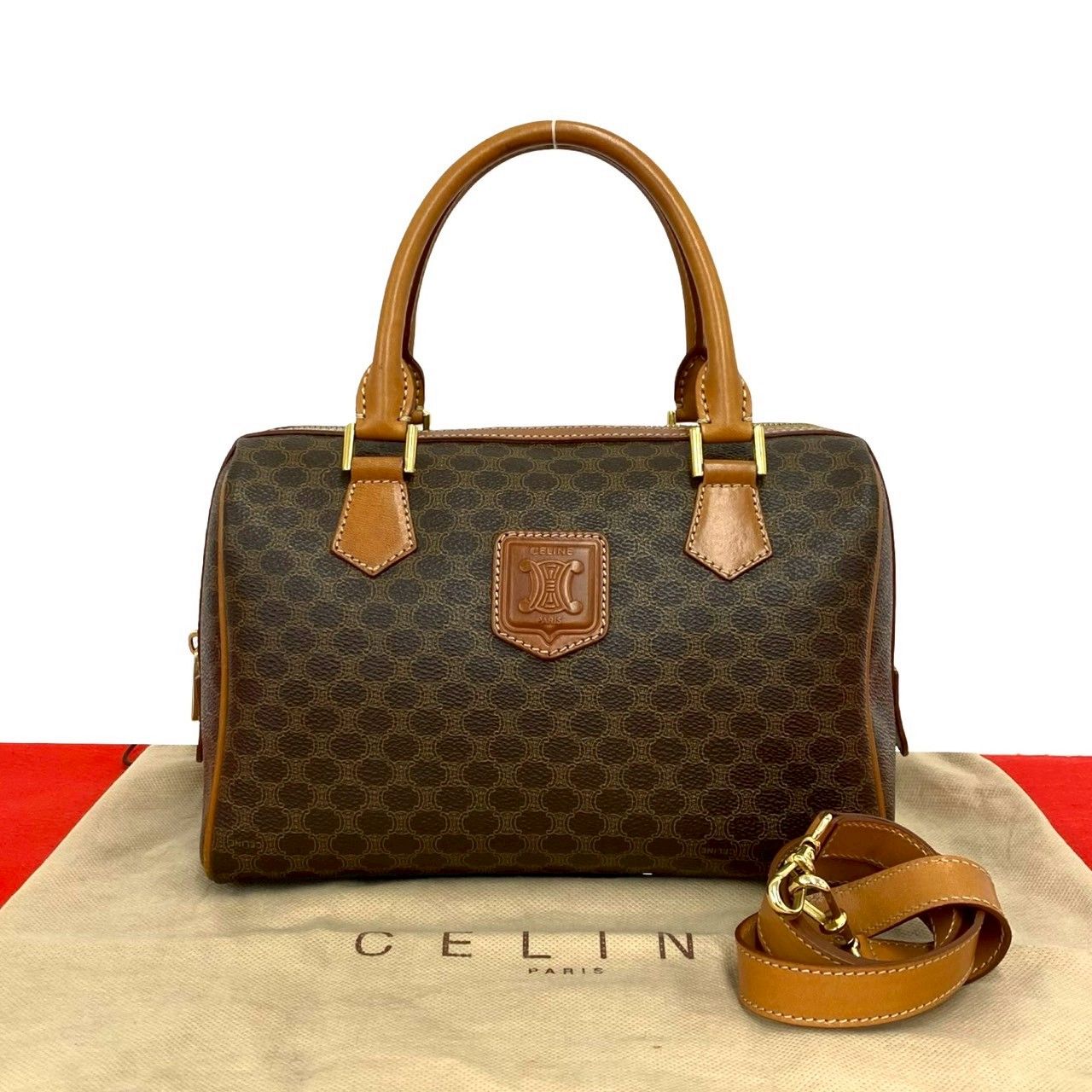 Celine Vintage Macadam Blason Triomphe Pattern Leather 2-Way Shoulder Bag Brown