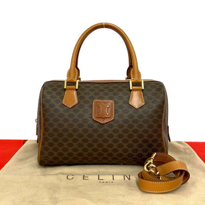 Celine Vintage Macadam Blason Triomphe Pattern Leather 2-Way Shoulder Bag Brown