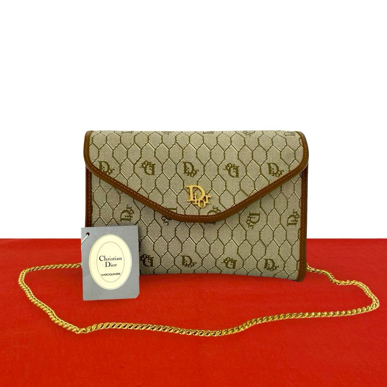 Dior Vintage Logo Honeycomb Pattern Leather Chain Mini Shoulder Bag Beige