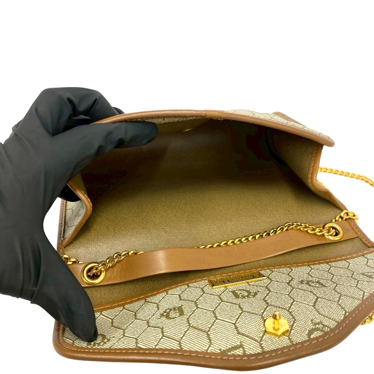 Dior Vintage Logo Honeycomb Pattern Leather Chain Mini Shoulder Bag Beige — view 9