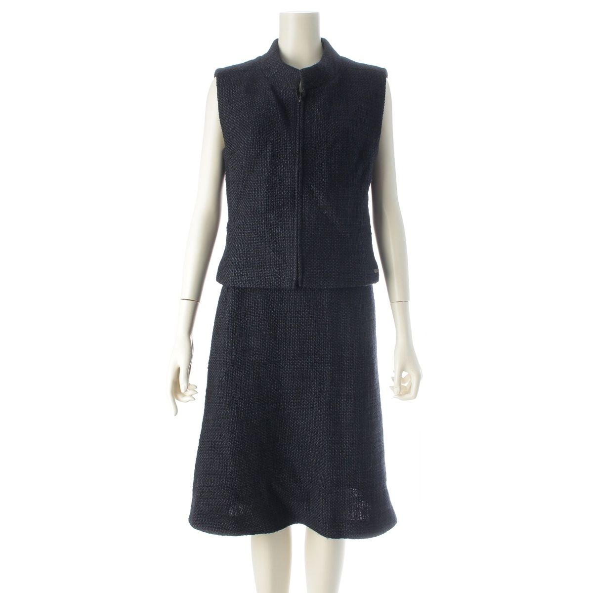 Chanel Tweed Sleeveless Top Skirt Set Navy 40