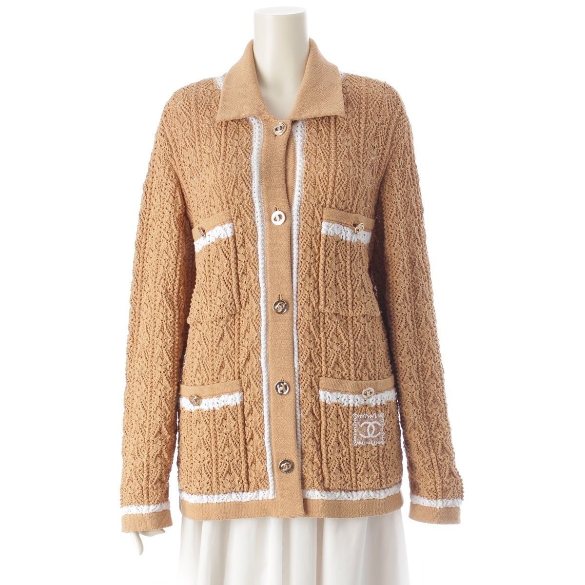 Chanel Rhinestone CC Logo Jacket Cardigan Beige White 36
