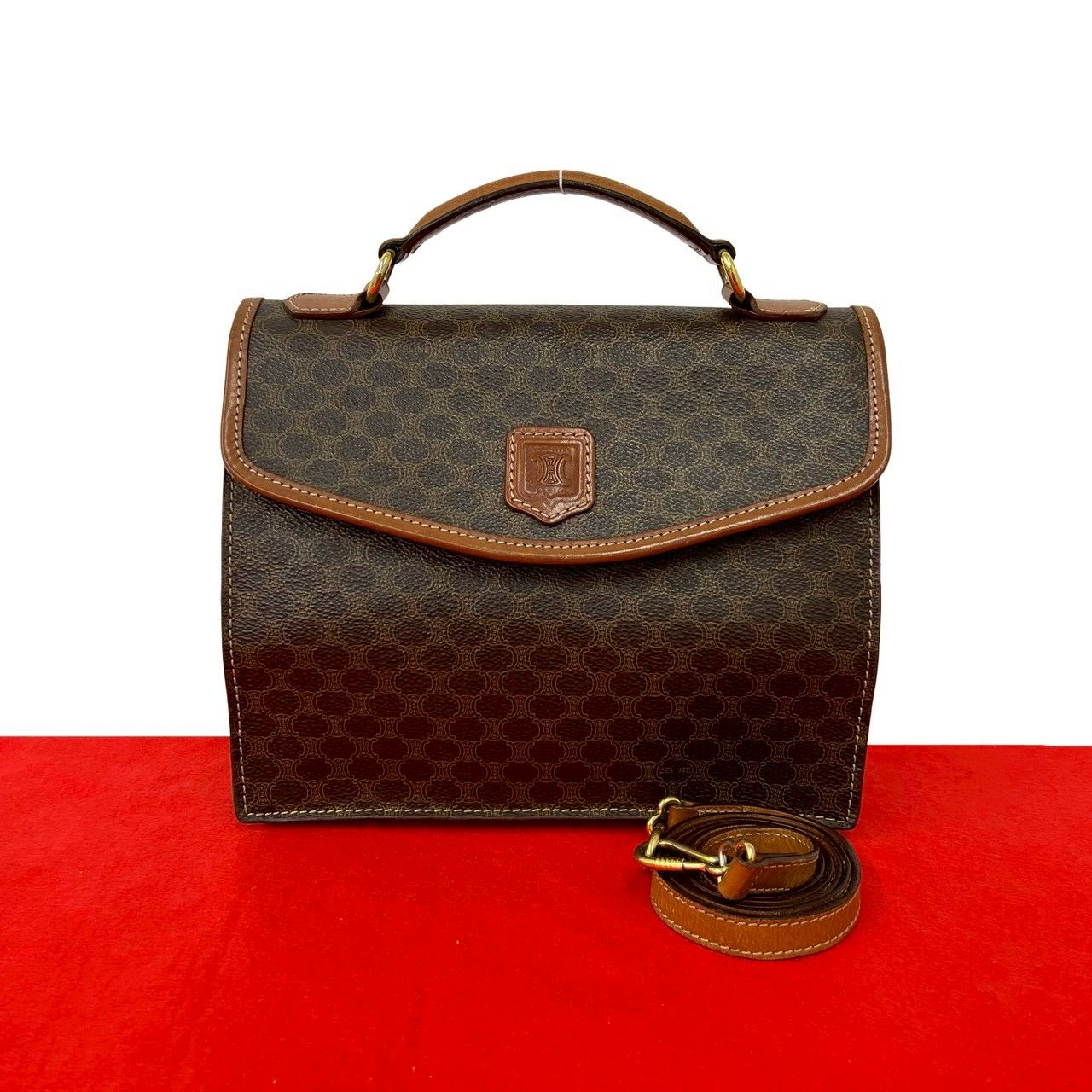 Celine Macadam Blason Triomphe Pattern Leather 2-Way Shoulder Bag Brown
