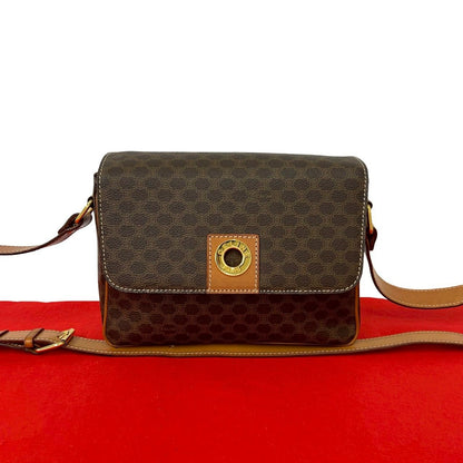 Celine Macadam Blason Triomphe Pattern Circle Logo Leather Shoulder Bag Brown