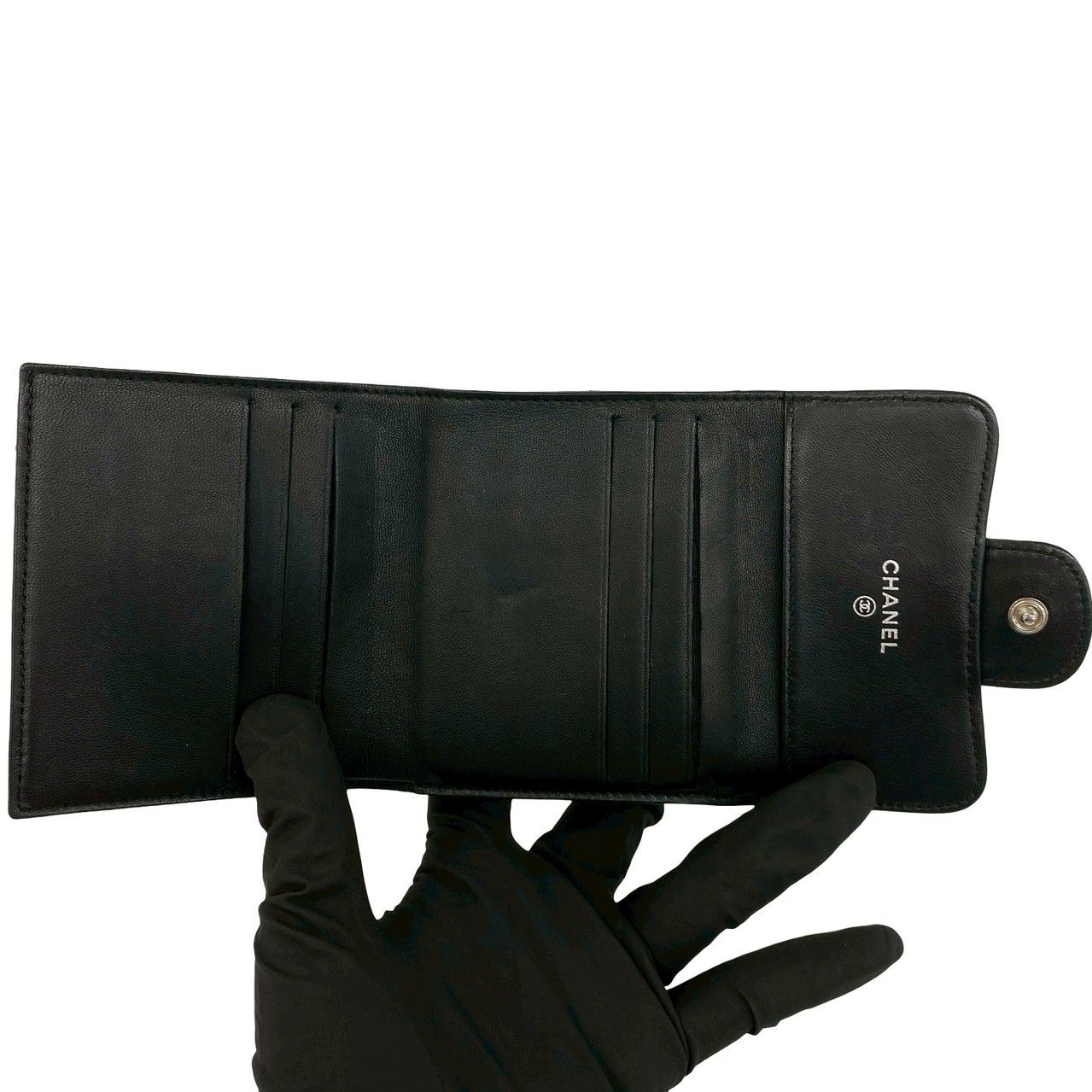 Chanel Quilted CC Logo Lambskin Leather Trifold Wallet Black — view 7