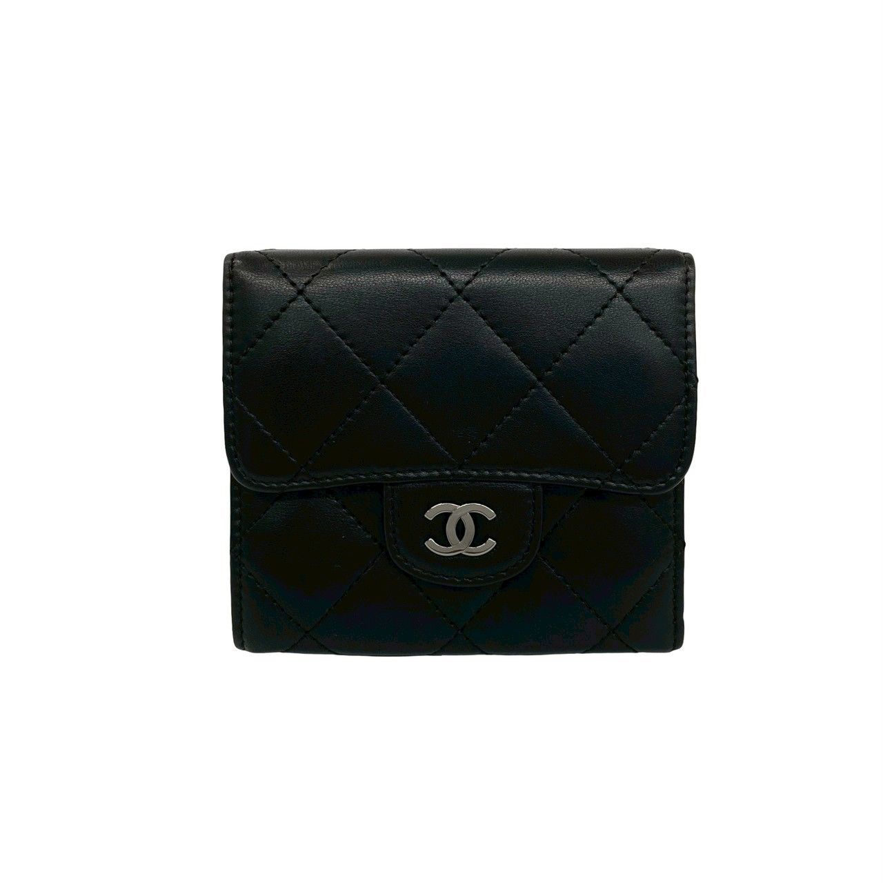 Chanel Quilted CC Logo Lambskin Leather Trifold Wallet Black — view 2