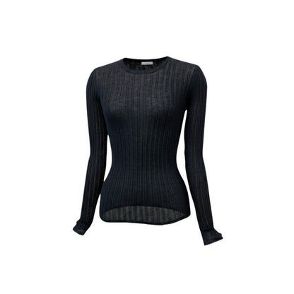 Chanel Boutique Rib Knit Sweater Tight CC Logo Embroidery 36 Black Cashmere Silk