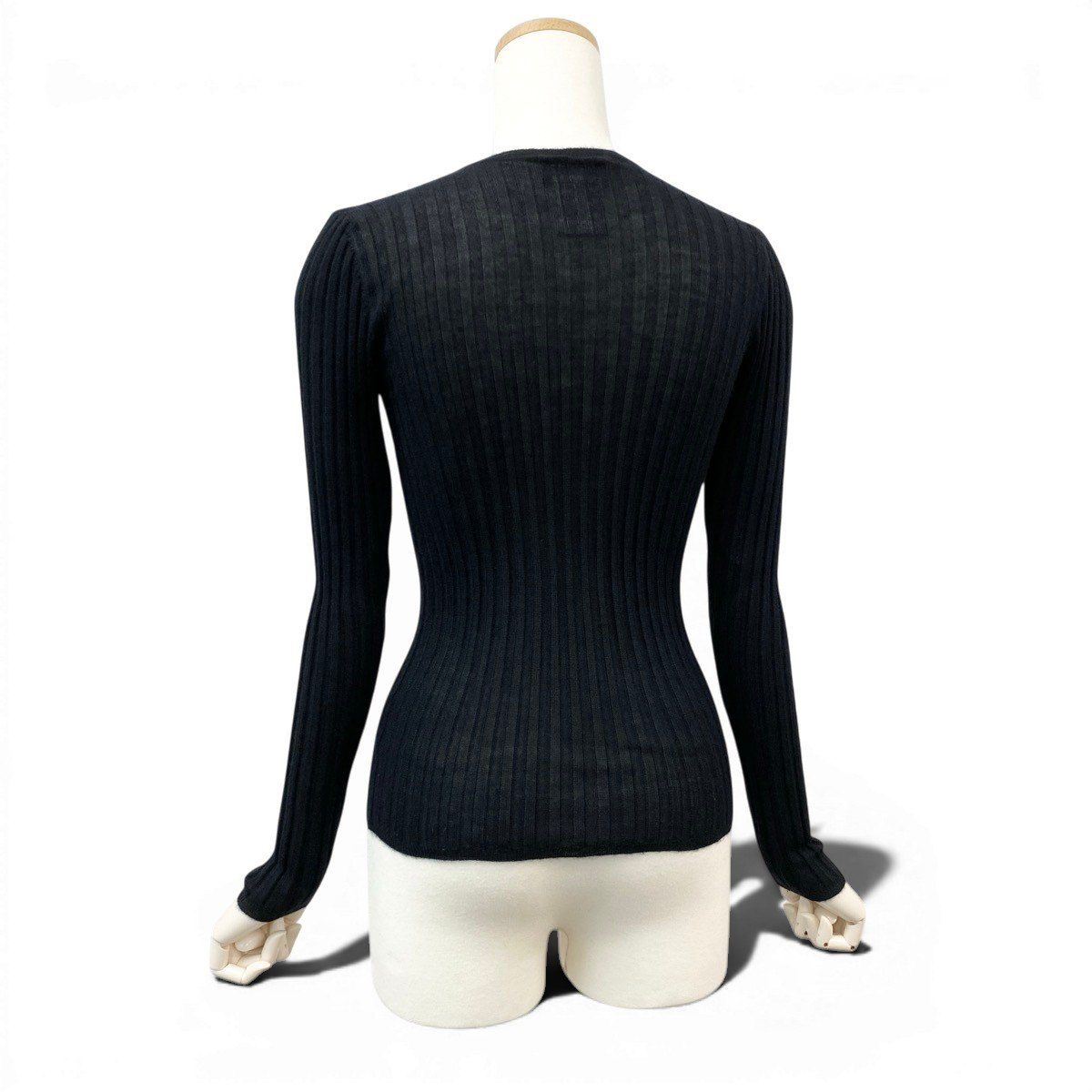 Chanel Boutique Rib Knit Sweater Tight CC Logo Embroidery 36 Black Cashmere Silk — view 3