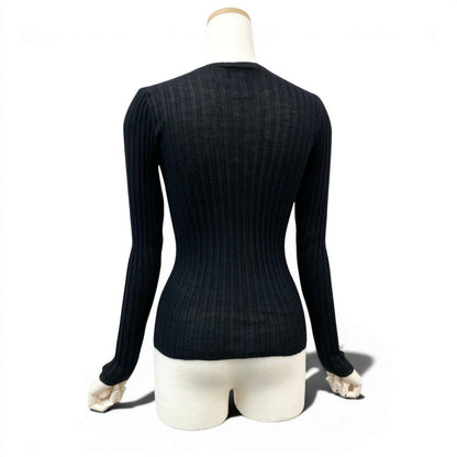 Chanel Boutique Rib Knit Sweater Tight CC Logo Embroidery 36 Black Cashmere Silk — view 3