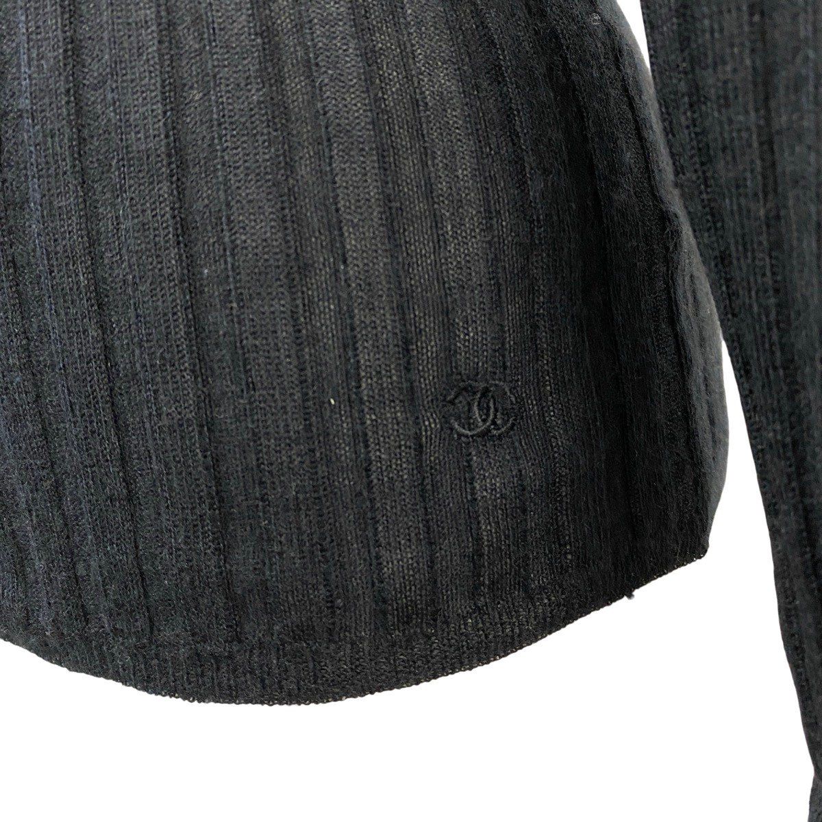 Chanel Boutique Rib Knit Sweater Tight CC Logo Embroidery 36 Black Cashmere Silk — view 7