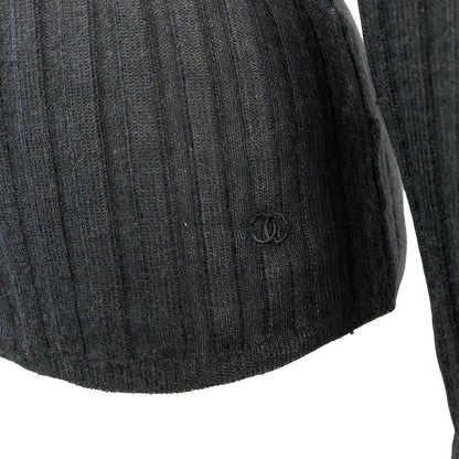 Chanel Boutique Rib Knit Sweater Tight CC Logo Embroidery 36 Black Cashmere Silk — view 7