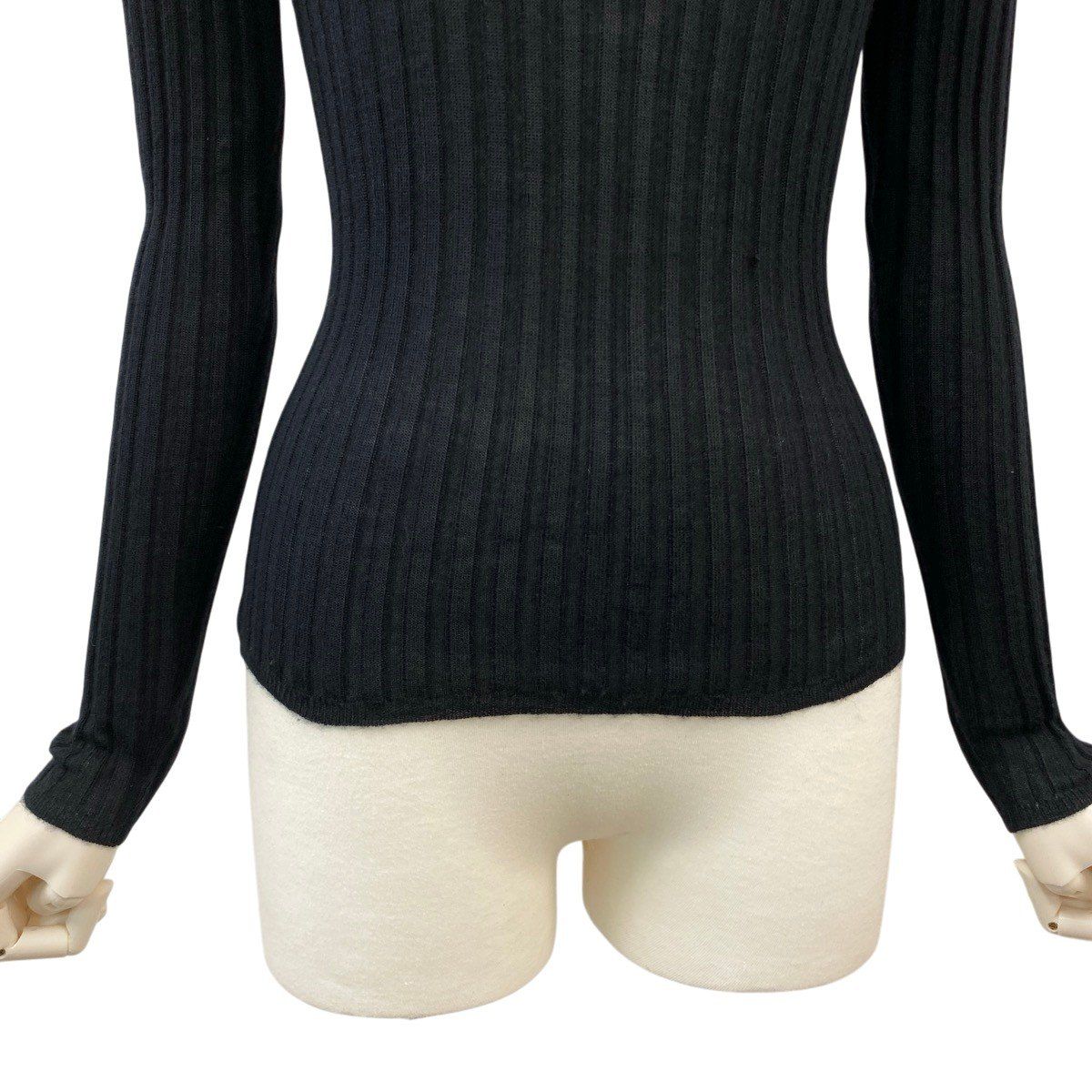 Chanel Boutique Rib Knit Sweater Tight CC Logo Embroidery 36 Black Cashmere Silk — view 5