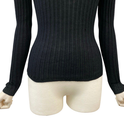 Chanel Boutique Rib Knit Sweater Tight CC Logo Embroidery 36 Black Cashmere Silk — view 5