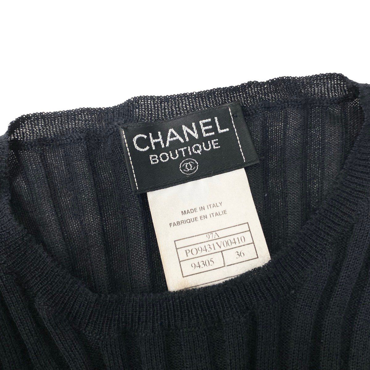Chanel Boutique Rib Knit Sweater Tight CC Logo Embroidery 36 Black Cashmere Silk — view 8