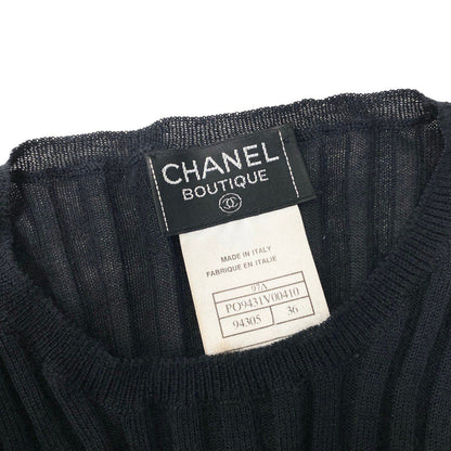 Chanel Boutique Rib Knit Sweater Tight CC Logo Embroidery 36 Black Cashmere Silk — view 8