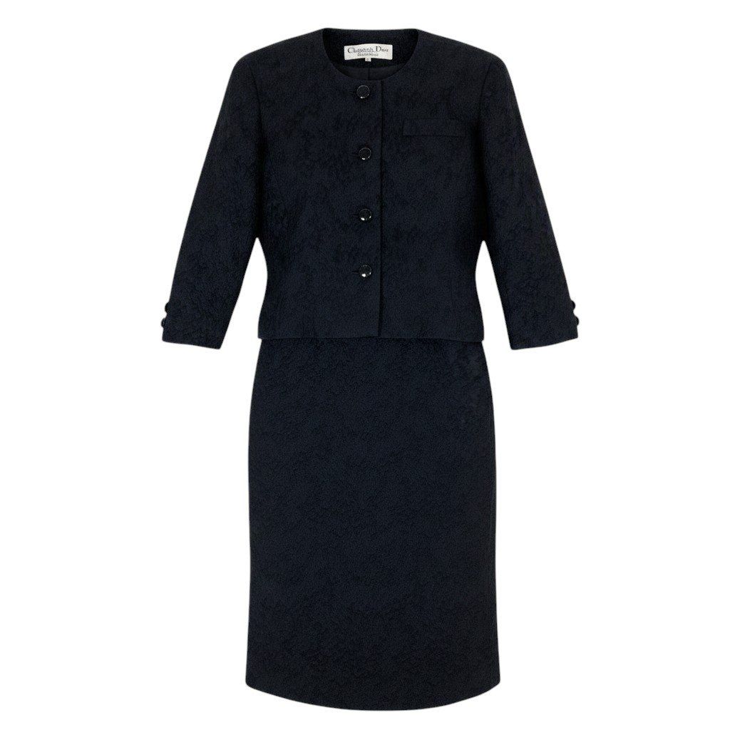 Dior Jacquard Set Skirt Collarless Jacket Silk Wool Blend 9 Black