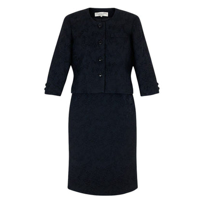 Dior Jacquard Set Skirt Collarless Jacket Silk Wool Blend 9 Black