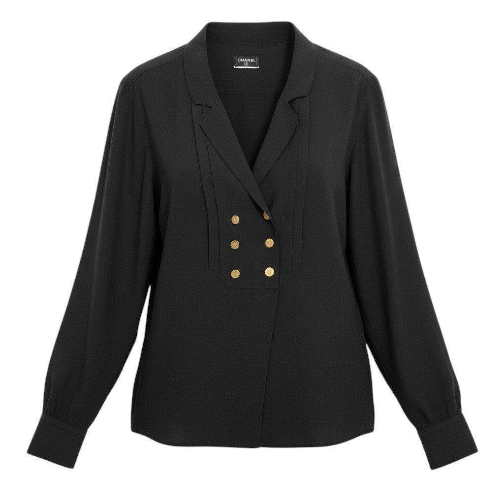 Chanel Vintage Long Sleeve Silk Shirt CC Logo Gold Button Black