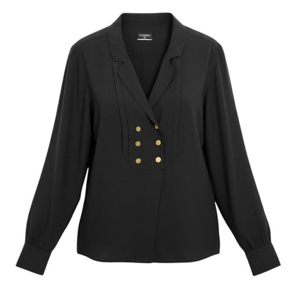 Chanel Vintage Long Sleeve Silk Shirt CC Logo Gold Button Black