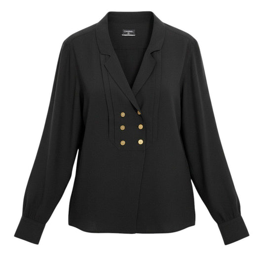 Chanel Vintage Long Sleeve Silk Shirt CC Logo Gold Button Black