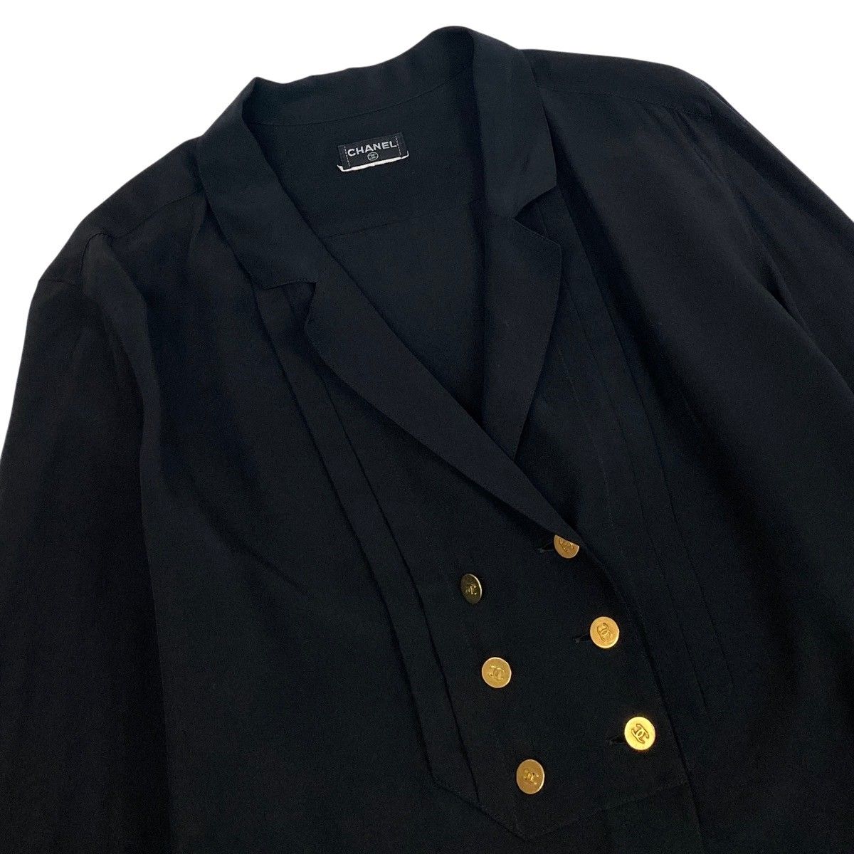Chanel Vintage Long Sleeve Silk Shirt CC Logo Gold Button Black — view 4