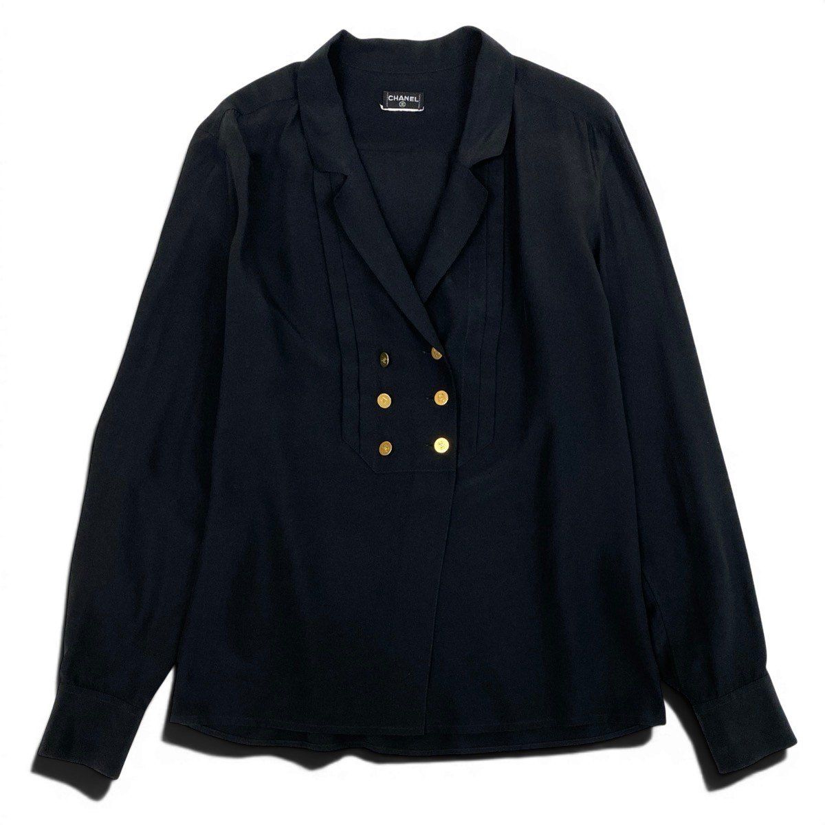 Chanel Vintage Long Sleeve Silk Shirt CC Logo Gold Button Black — view 2